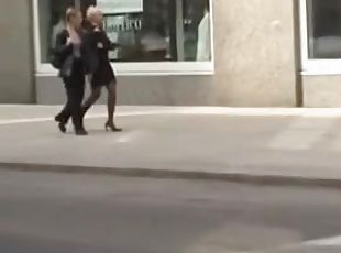 Two college chicks, one a 9, in a voyeur street candid porno